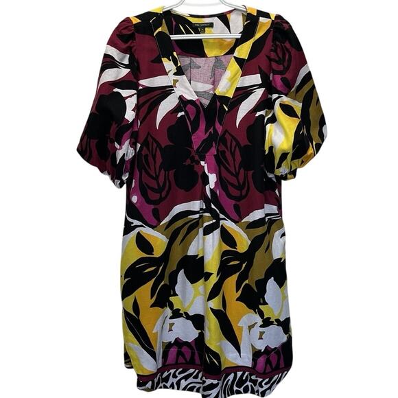 For Cynthia | Linen Yellow Pink Midi Tiered Drop Waist Dress Medium Puff Sleeve - Picture 1 of 5